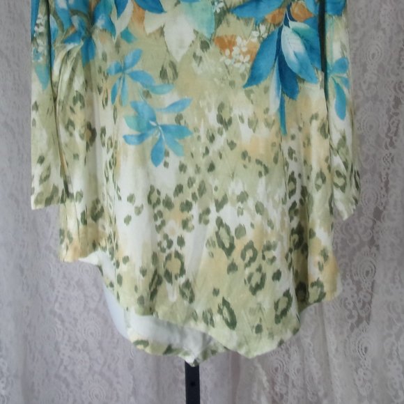 Alfred Dunner Knit Floral Top Turquoise Blues Beige NWOT Size L - Picture 2 of 4